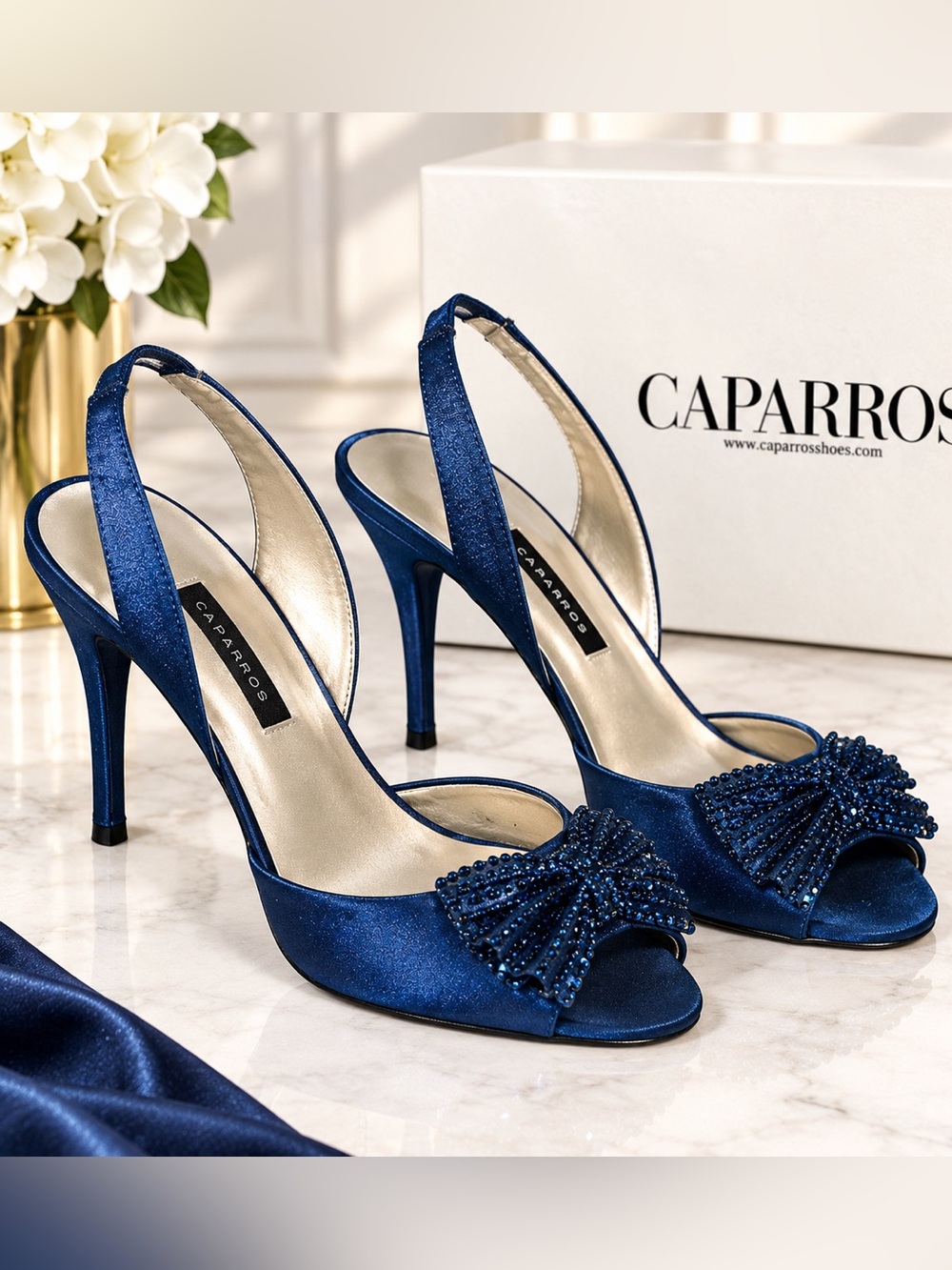 Caparros Navy Blue Satin Open-Toe Slingback Peep toe Heels with Beaded Bow SZ 10